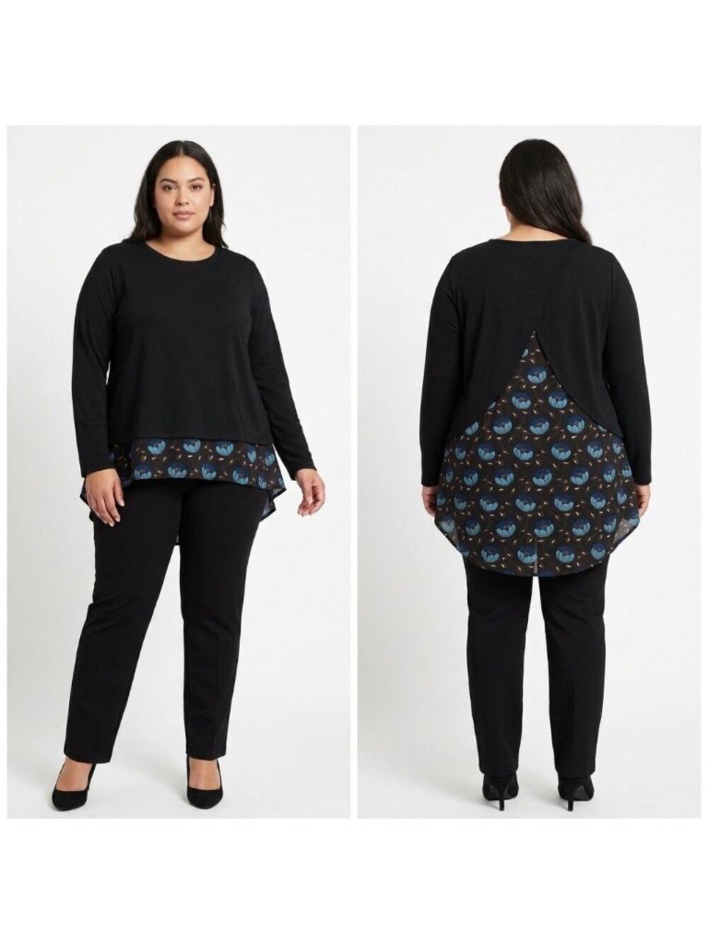 Ann Taylor Loft Blue Layered-Look Floral Long Sleeve Knit Top Women Size L